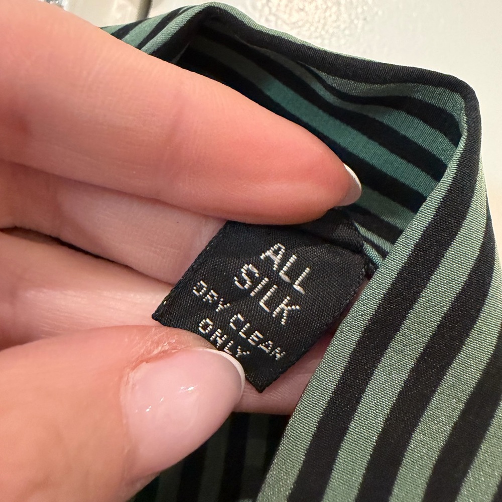 LANVIN Vintage Silk Dark Green Striped Long Sleeve Button Front Dress Size 10 - Picture 6 of 15